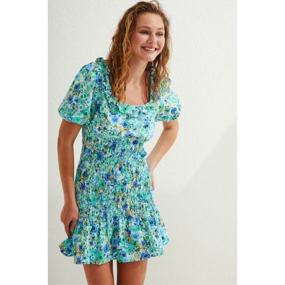 Zara Blue Floral Print Short Sleeve Smocked Square Neck Flare Mini Dress Size XS - Picture 2 of 11